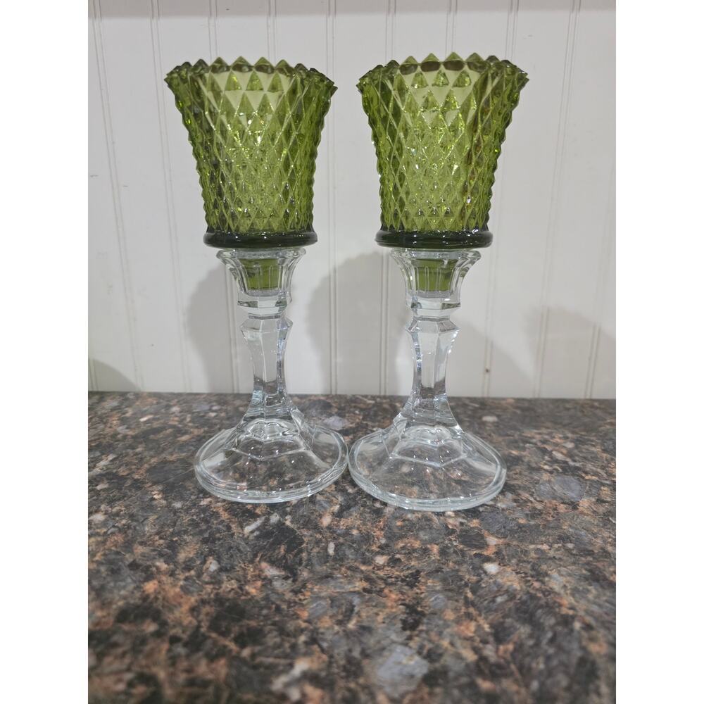 Vintage Clear Paneled Candlesticks with Green Diamond Point Peg Votive Toppers